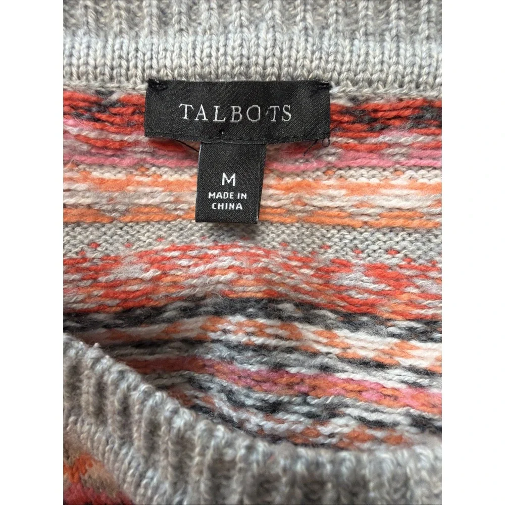 Talbots Medium Fair Isle Knit Sweater Pink Orange Nordic Pattern Crew Neck Cozy